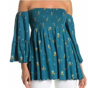 Free People Lana Blue Floral Bell Sleeve Smocked Off the Shoulder Top - Size S